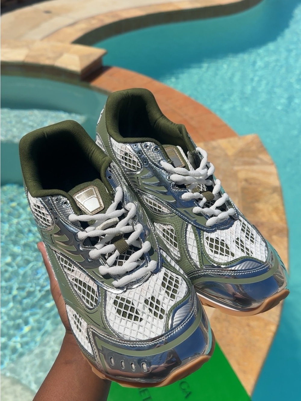 Bottega Veneta White, Olive Green & Silver Mesh Runner Sneakers